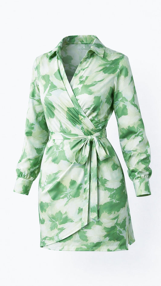Aria Wrap Mini Dress - Green Print